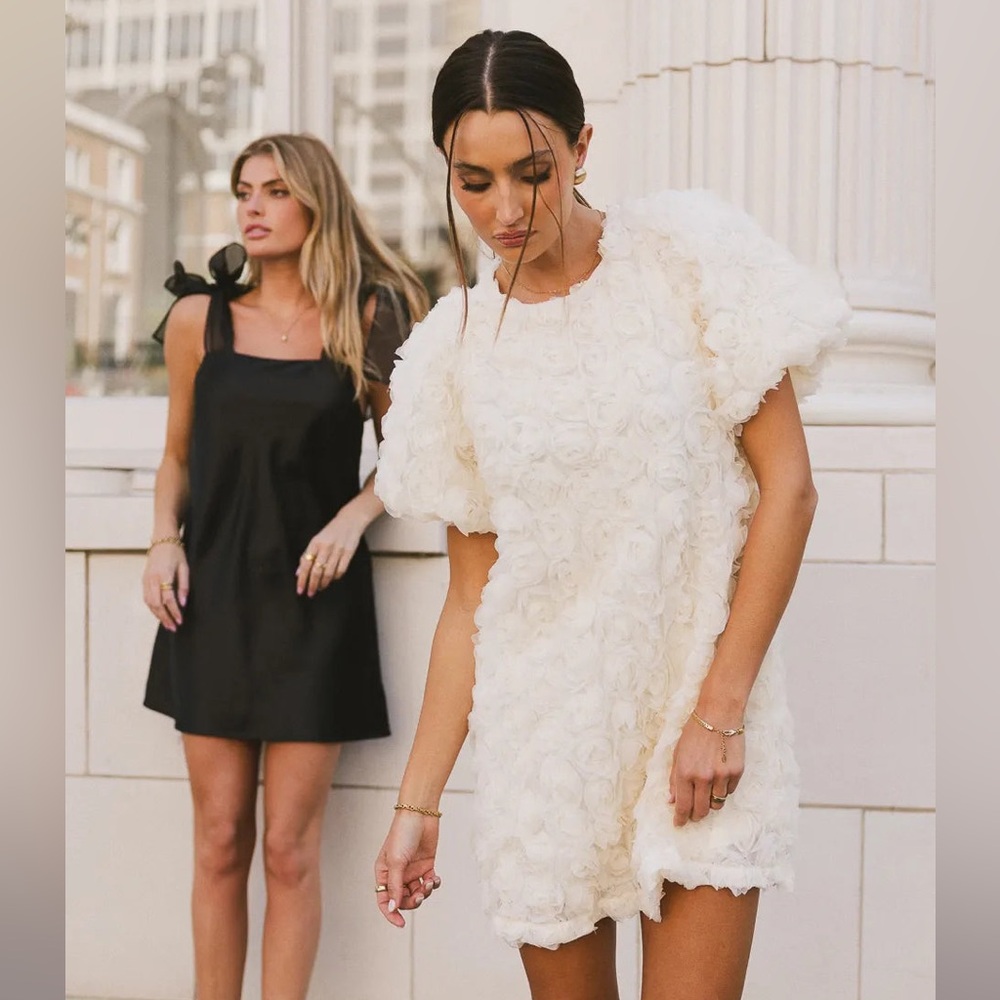 bohme Cream Textured Floral Puff-Sleeve Mini Dress